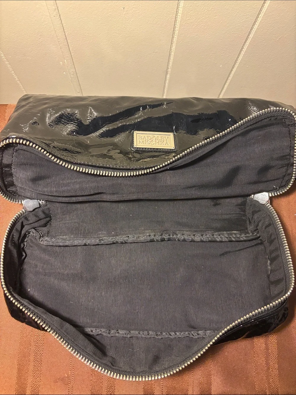 Badgley Mischka Black Crinkled Patent Leather 2Way Foldover Clutch Tote w/ Strap